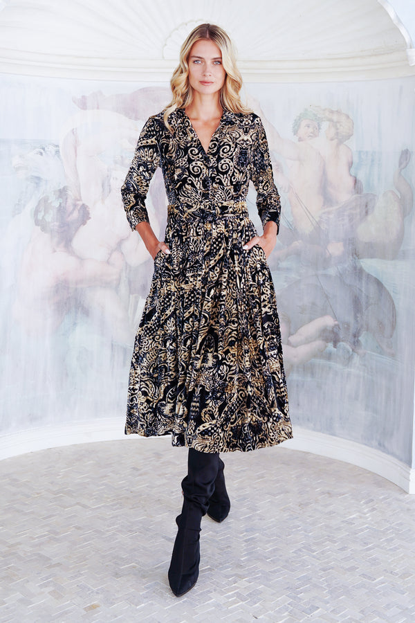 Audrey Dress #3 Shirt Collar 3/4 Sleeve Midi Length Silk Velvet (Fortuny Velvet)