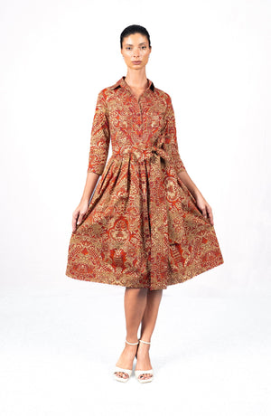 Audrey Dress #1 Shirt Collar 3/4 Sleeve Long Length Cotton Stretch (Fortuny)