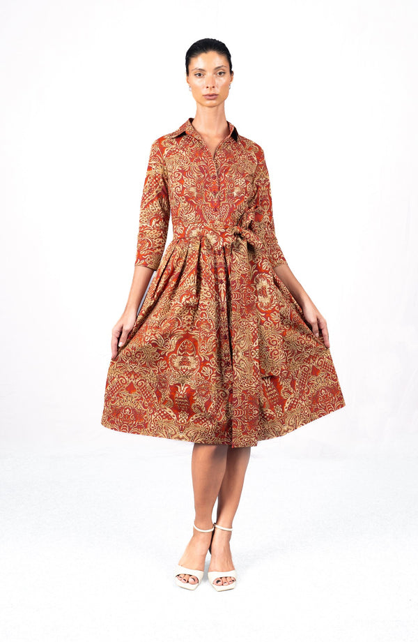 Audrey Dress #1 Shirt Collar 3/4 Sleeve Long Length Cotton Stretch (Fortuny)