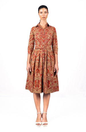 Audrey Dress #1 Shirt Collar 3/4 Sleeve Long Length Cotton Stretch (Fortuny)