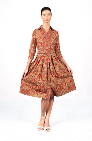 Audrey Dress #1 Shirt Collar 3/4 Sleeve Long Length Cotton Stretch (Fortuny)