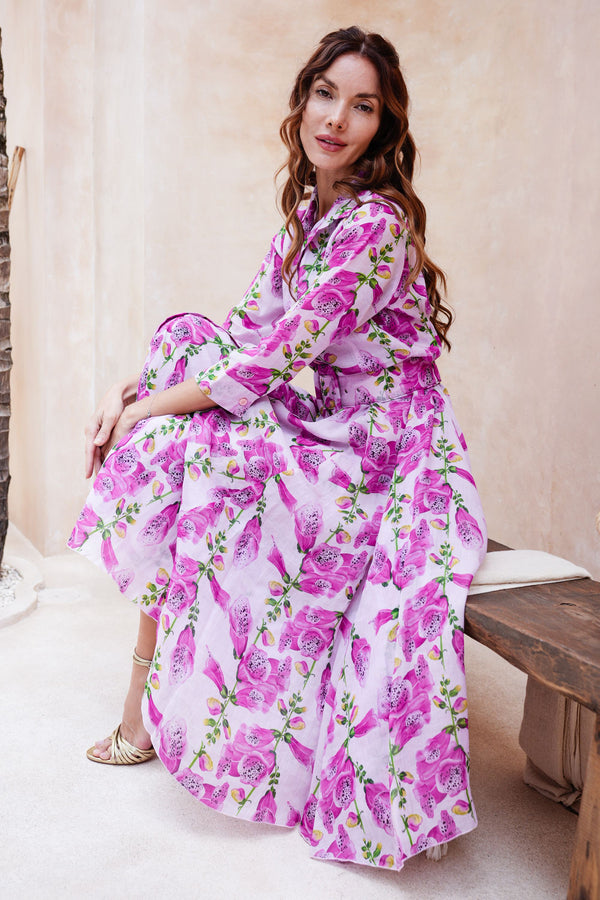 Aster Dress Shirt Collar 3/4 Sleeve Midi Length Cotton Musola (Fox Glove Flower Small Pastel)