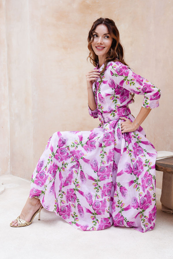 Aster Dress Shirt Collar 3/4 Sleeve Midi Length Cotton Musola (Fox Glove Flower Small Pastel)