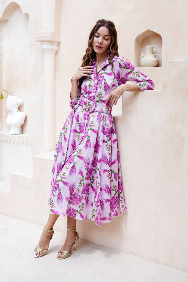 Aster Dress Shirt Collar 3/4 Sleeve Midi Length Cotton Musola (Fox Glove Flower Small Pastel)