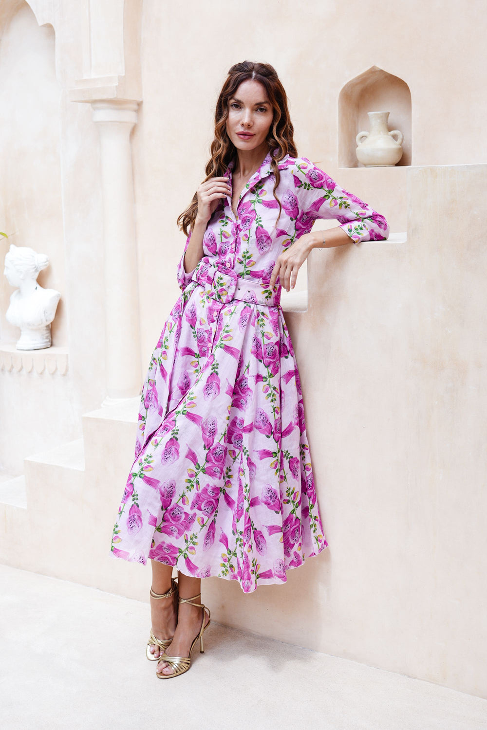 Aster Dress Shirt Collar 3/4 Sleeve Midi Length Cotton Musola (Fox Glove Flower Small Pastel)