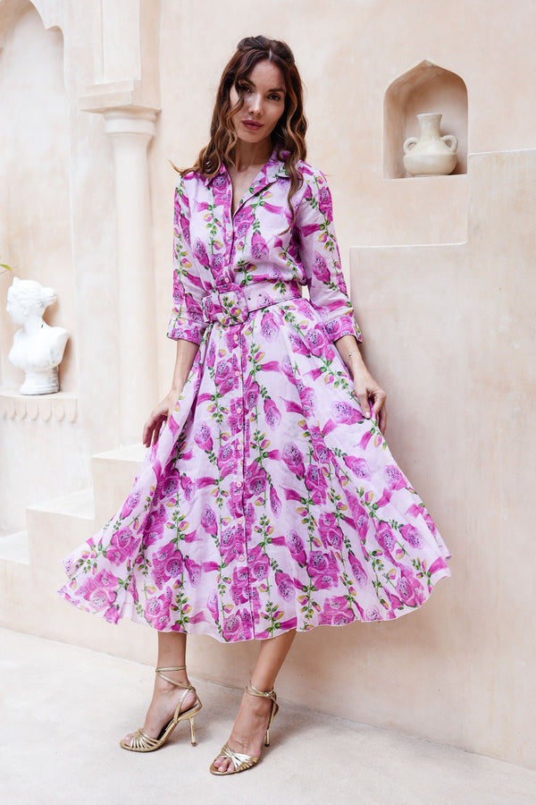 Aster Dress Shirt Collar 3/4 Sleeve Midi Length Cotton Musola (Fox Glove Flower Small Pastel)