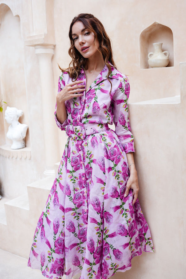 Aster Dress Shirt Collar 3/4 Sleeve Midi Length Cotton Musola (Fox Glove Flower Small Pastel)