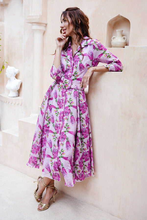 Aster Dress Shirt Collar 3/4 Sleeve Midi Length Cotton Musola (Fox Glove Flower Small Pastel)