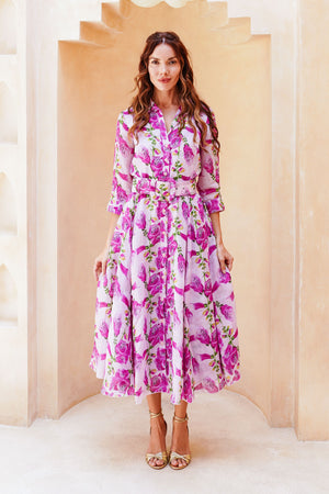 Aster Dress Shirt Collar 3/4 Sleeve Midi Length Cotton Musola (Fox Glove Flower Small Pastel)