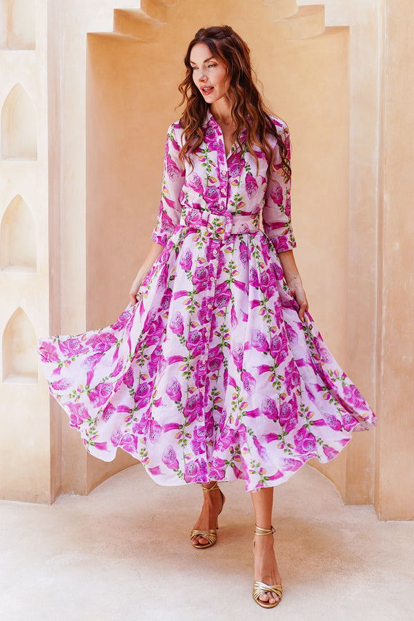 Aster Dress Shirt Collar 3/4 Sleeve Midi Length Cotton Musola (Fox Glove Flower Small Pastel)