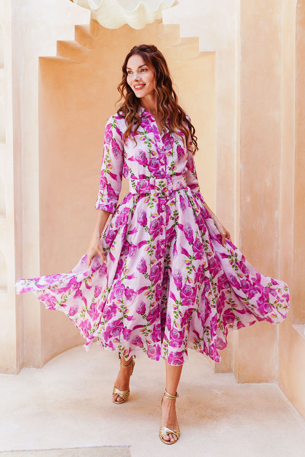 Aster Dress Shirt Collar 3/4 Sleeve Midi Length Cotton Musola (Fox Glove Flower Small Pastel)