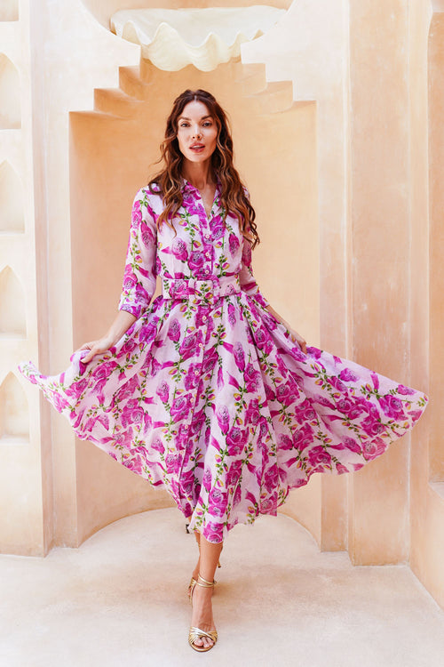 Aster Dress Shirt Collar 3/4 Sleeve Midi Length Cotton Musola (Fox Glove Flower Small Pastel)