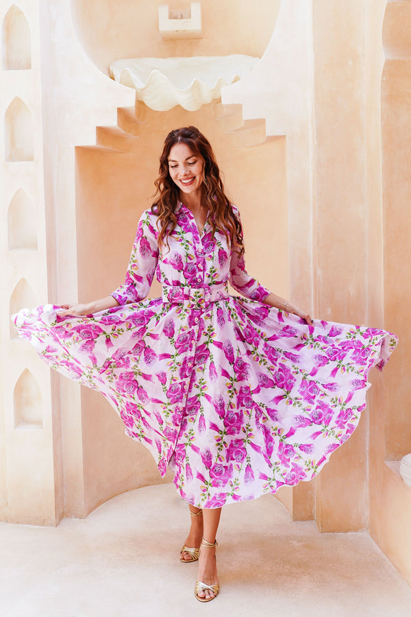 Aster Dress Shirt Collar 3/4 Sleeve Midi Length Cotton Musola (Fox Glove Flower Small Pastel)