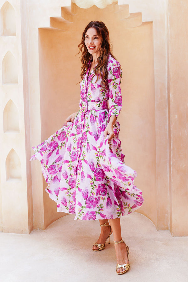 Aster Dress Shirt Collar 3/4 Sleeve Midi Length Cotton Musola (Fox Glove Flower Small Pastel)