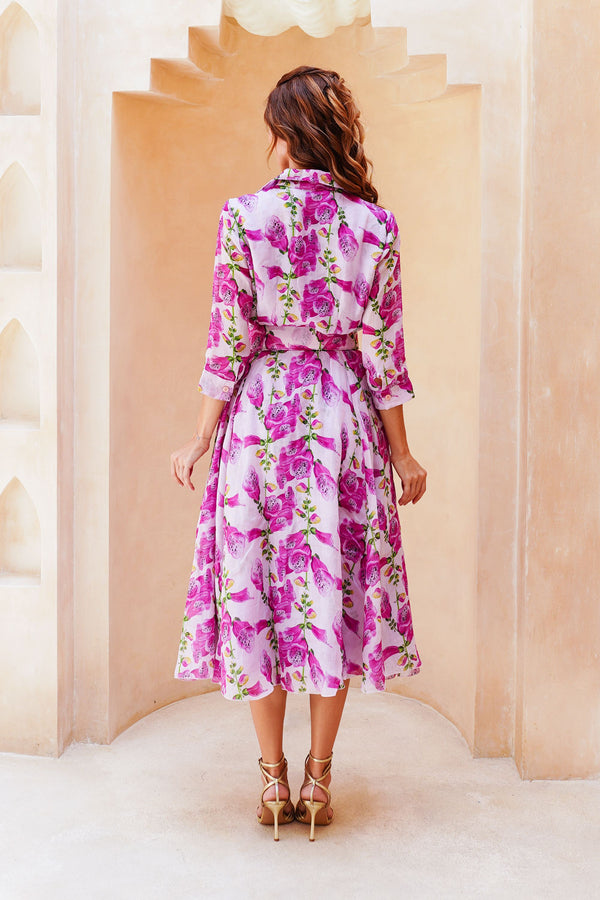 Aster Dress Shirt Collar 3/4 Sleeve Midi Length Cotton Musola (Fox Glove Flower Small Pastel)