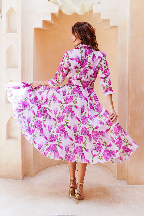 Aster Dress Shirt Collar 3/4 Sleeve Midi Length Cotton Musola (Fox Glove Flower Small Pastel)