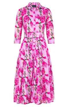 Audrey Dress #4 Shirt Collar 3/4 Sleeve Midi Length Cotton Musola (Fox Glove Flower Pastel)