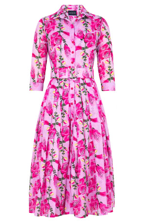 Audrey Dress #4 Shirt Collar 3/4 Sleeve Midi Length Cotton Musola (Fox Glove Flower Pastel)