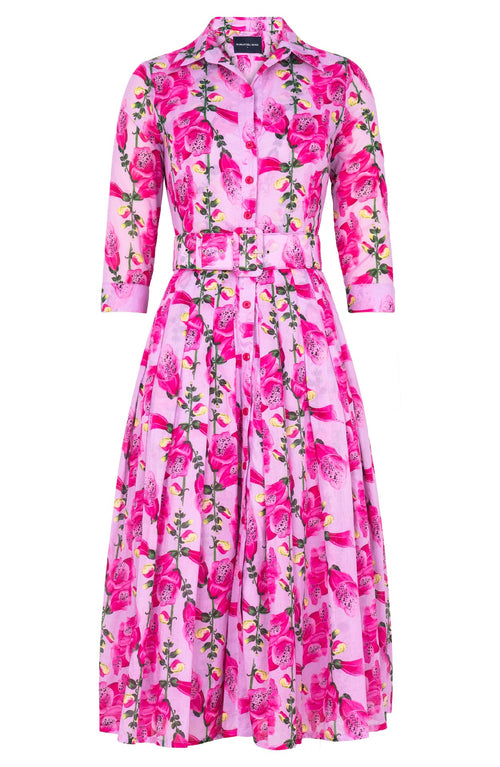 Audrey Dress #4 Shirt Collar 3/4 Sleeve Midi Length Cotton Musola (Fox Glove Flower Pastel)