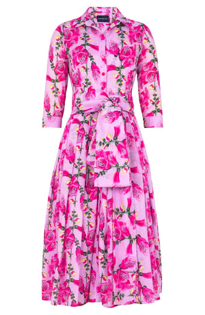 Audrey Dress #4 Shirt Collar 3/4 Sleeve Midi Length Cotton Musola (Fox Glove Flower Pastel)