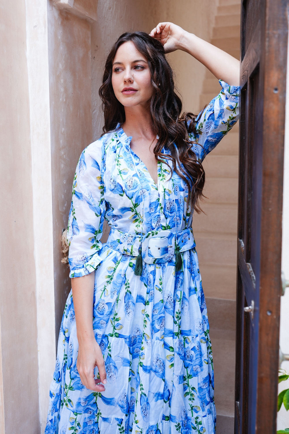 Eva Dress Crew Neck 3/4 Sleeve Maxi Length Cotton Musola (Fox Glove Flower Small Pastel)