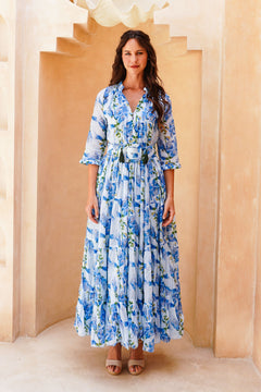 Eva Dress Crew Neck 3/4 Sleeve Maxi Length Cotton Musola (Fox Glove Flower Pastel)