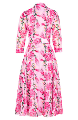 Aster Dress Shirt Collar 3/4 Sleeve Midi Length Ramie (Fox Glove Flower Pastel)