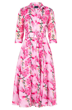 Aster Dress Shirt Collar 3/4 Sleeve Midi Length Ramie (Fox Glove Flower Pastel)