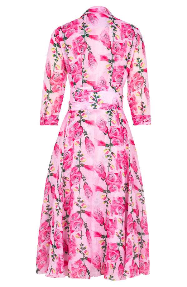 Aster Dress Shirt Collar 3/4 Sleeve Midi Length Ramie (Fox Glove Flower Pastel)