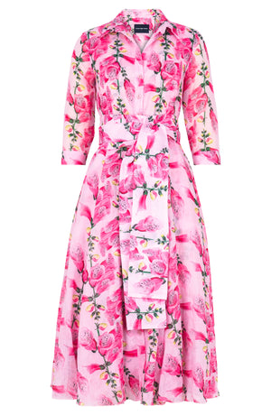 Aster Dress Shirt Collar 3/4 Sleeve Midi Length Ramie (Fox Glove Flower Pastel)