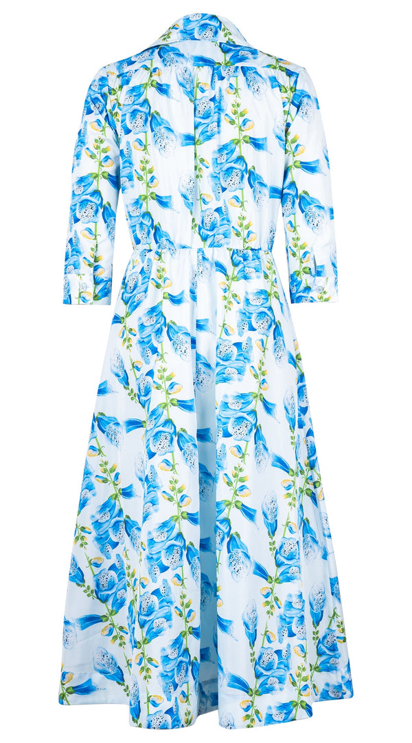 Terry Dress Shirt Collar 3/4 Sleeve Midi Plus Length Silk Taffta (Fox Glove Flower Small Pastel)