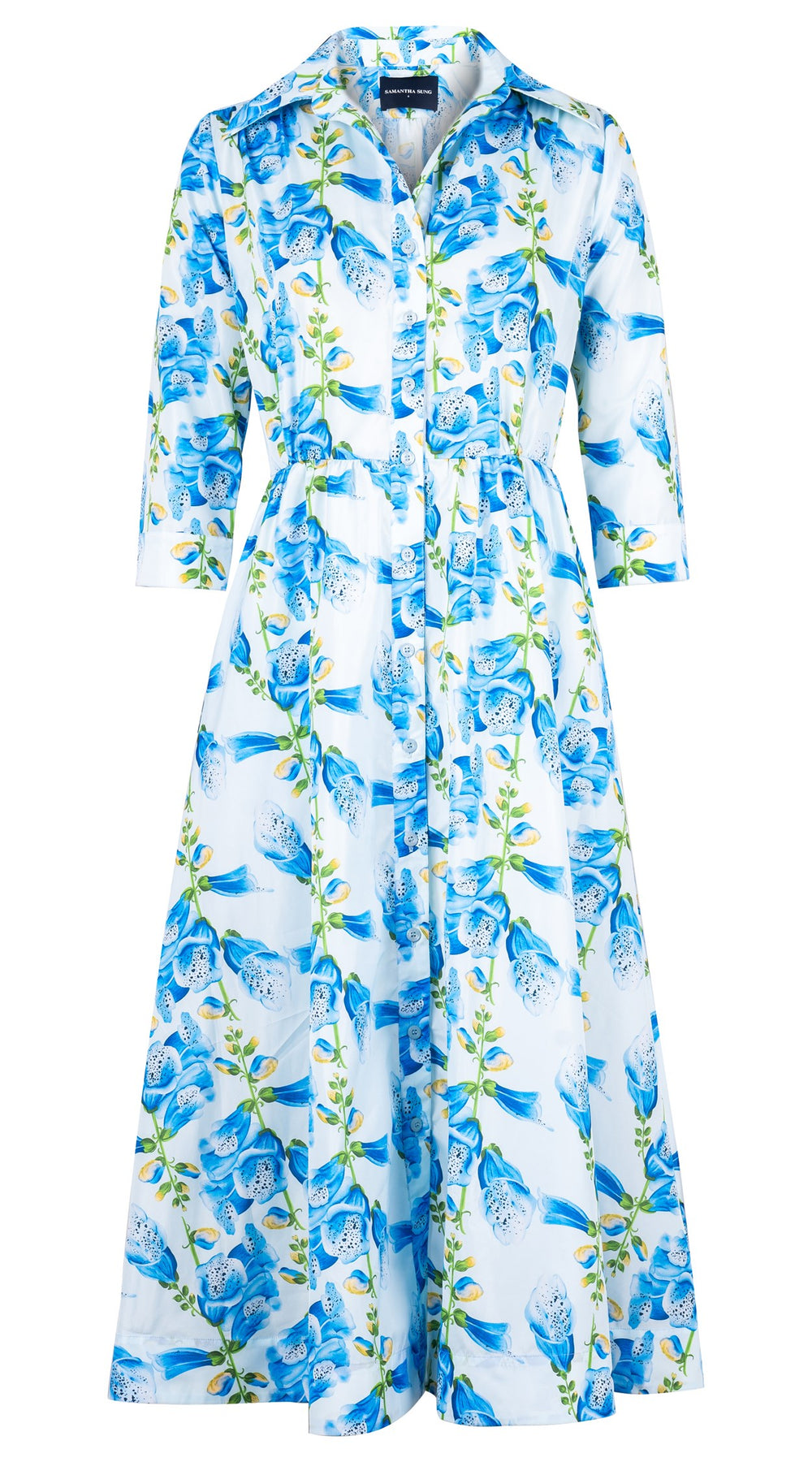 Terry Dress Shirt Collar 3/4 Sleeve Midi Plus Length Silk Taffta (Fox Glove Flower Small Pastel)