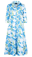 Terry Dress Shirt Collar 3/4 Sleeve Midi Plus Length Silk Taffta (Fox Glove Flower Small Pastel)
