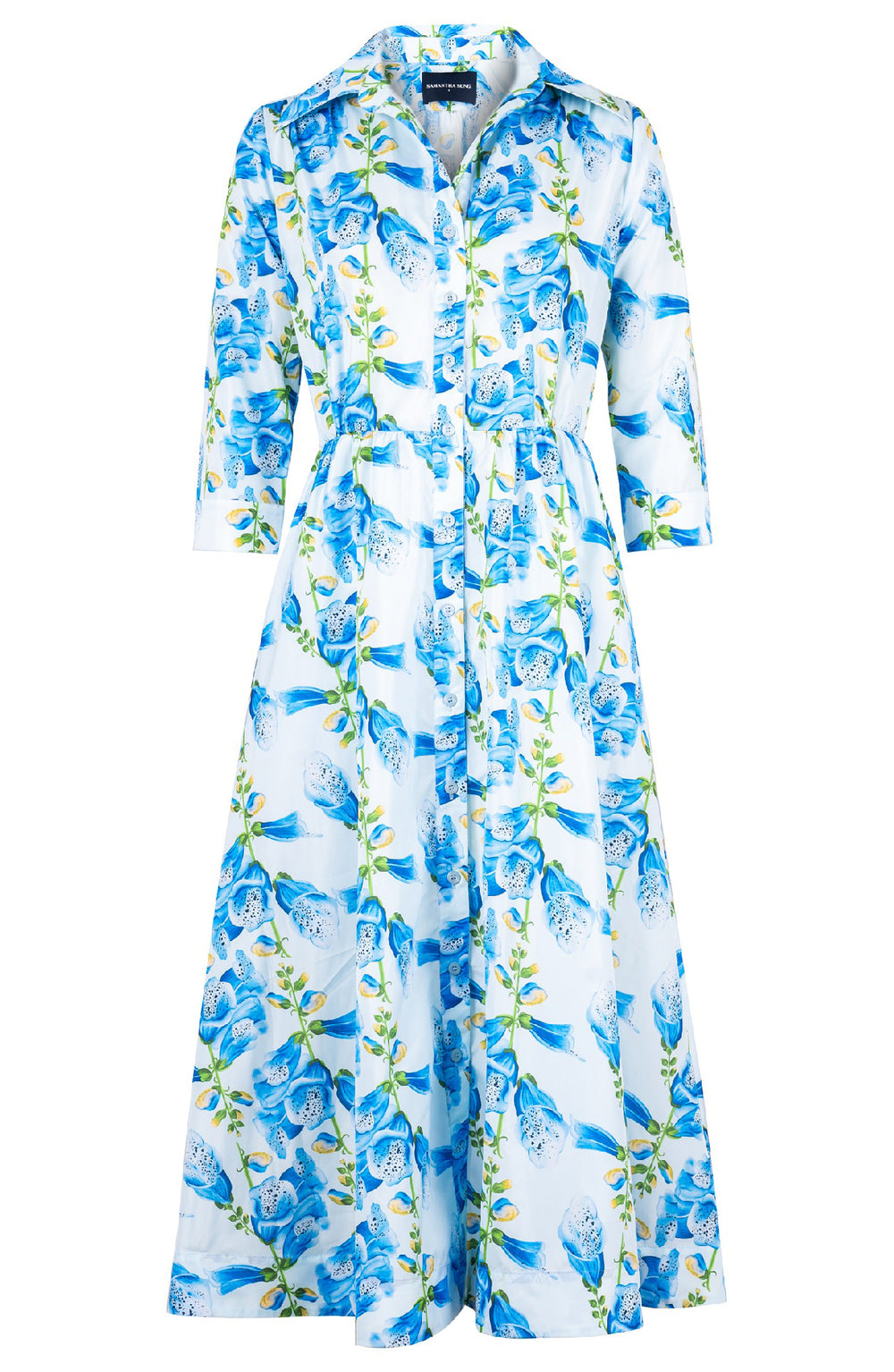 Terry Dress Shirt Collar 3/4 Sleeve Midi Plus Length Poliamide Taffta (Fox Glove Flower Pastel)