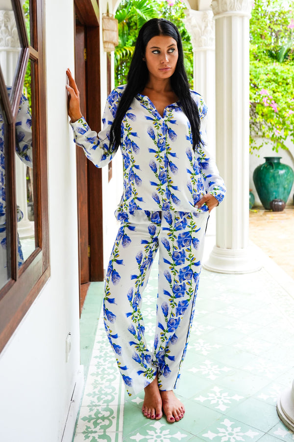 Sweetney Shirt Long Sleeve & Sweetney Pants Silk Twill (Fox Glove Flower White)