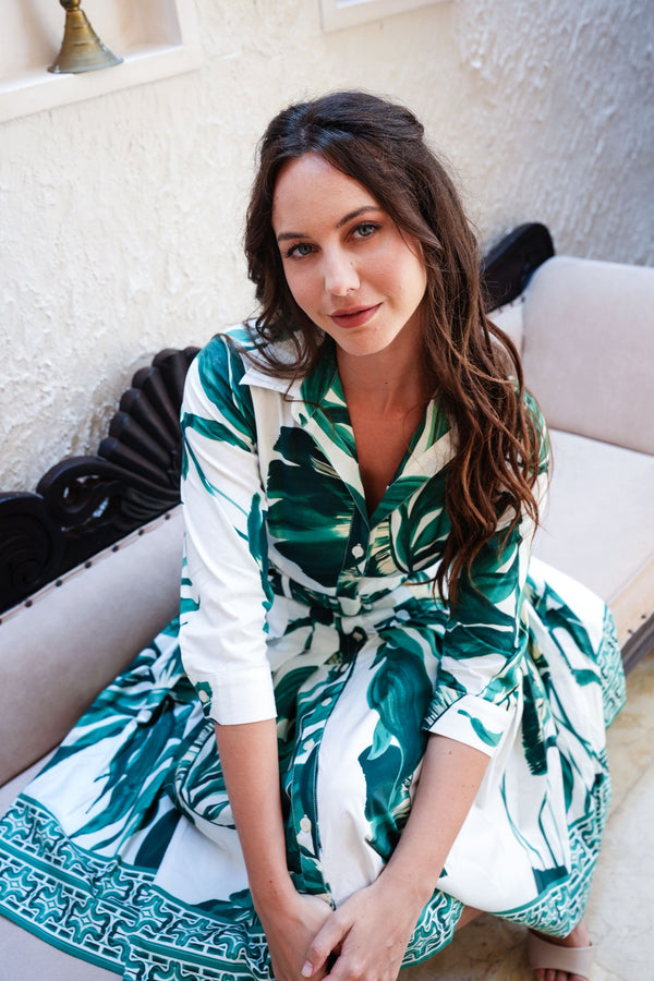 Audrey Dress #2 Shirt Collar 3/4 Sleeve Regular +3 Length Cotton Stretch (Foxtail Palm)