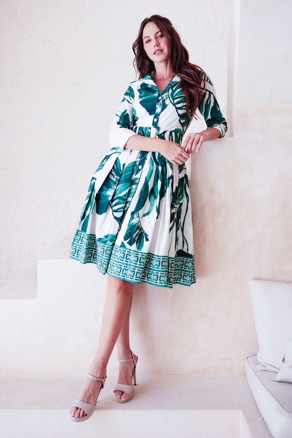 Audrey Dress #2 Shirt Collar 3/4 Sleeve Regular +3 Length Cotton Stretch (Foxtail Palm)