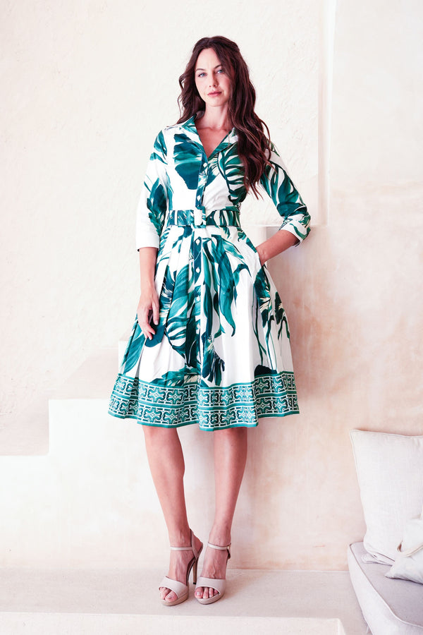 Audrey Dress #2 Shirt Collar 3/4 Sleeve Regular +3 Length Cotton Stretch (Foxtail Palm)