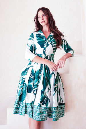 Audrey Dress #2 Shirt Collar 3/4 Sleeve Regular +3 Length Cotton Stretch (Foxtail Palm)