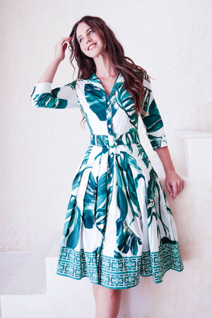 Audrey Dress #2 Shirt Collar 3/4 Sleeve Regular +3 Length Cotton Stretch (Foxtail Palm)