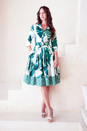 Audrey Dress #2 Shirt Collar 3/4 Sleeve Regular +3 Length Cotton Stretch (Foxtail Palm)