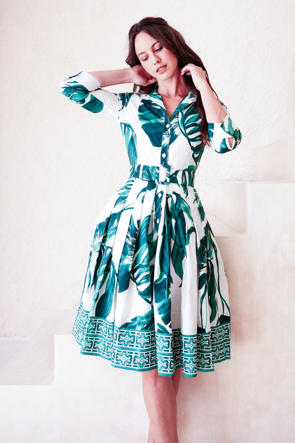 Audrey Dress #2 Shirt Collar 3/4 Sleeve Regular +3 Length Cotton Stretch (Foxtail Palm)