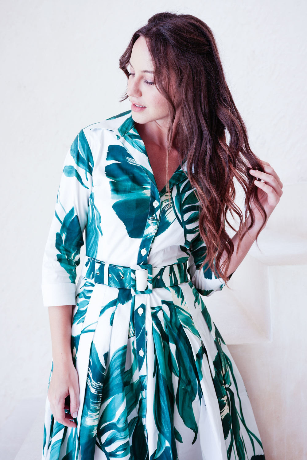 Audrey Dress #2 Shirt Collar 3/4 Sleeve Regular +3 Length Cotton Stretch (Foxtail Palm)