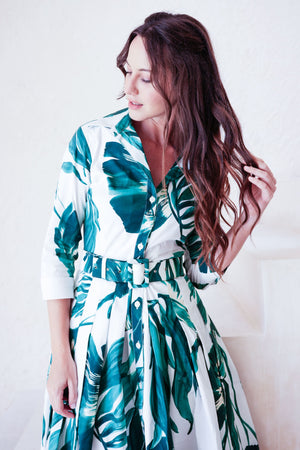 Audrey Dress #2 Shirt Collar 3/4 Sleeve Regular +3 Length Cotton Stretch (Foxtail Palm)