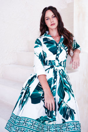 Audrey Dress #2 Shirt Collar 3/4 Sleeve Regular +3 Length Cotton Stretch (Foxtail Palm)