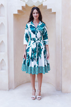 Audrey Dress #2 Shirt Collar 3/4 Sleeve Regular +3 Length Cotton Stretch (Foxtail Palm)