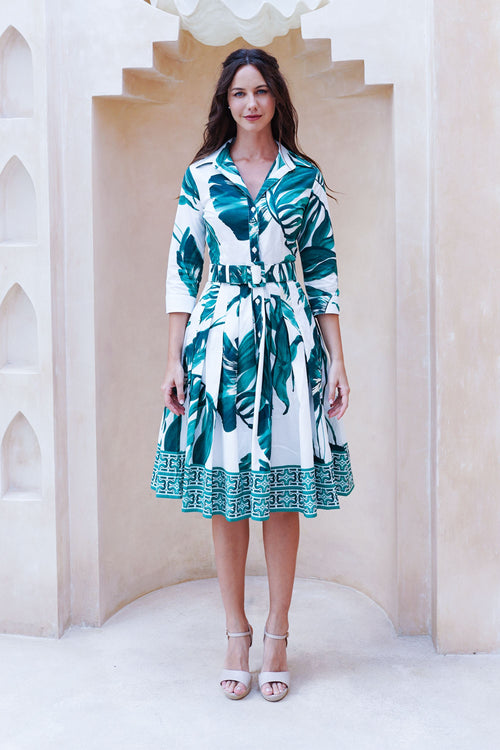 Audrey Dress #2 Shirt Collar 3/4 Sleeve Regular +3 Length Cotton Stretch (Foxtail Palm)