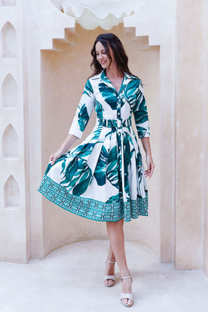 Audrey Dress #2 Shirt Collar 3/4 Sleeve Regular +3 Length Cotton Stretch (Foxtail Palm)