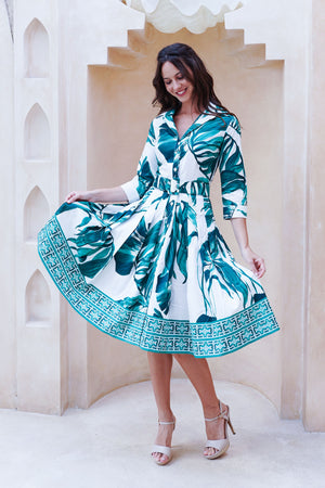 Audrey Dress #2 Shirt Collar 3/4 Sleeve Regular +3 Length Cotton Stretch (Foxtail Palm)