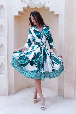 Audrey Dress #2 Shirt Collar 3/4 Sleeve Regular +3 Length Cotton Stretch (Foxtail Palm)